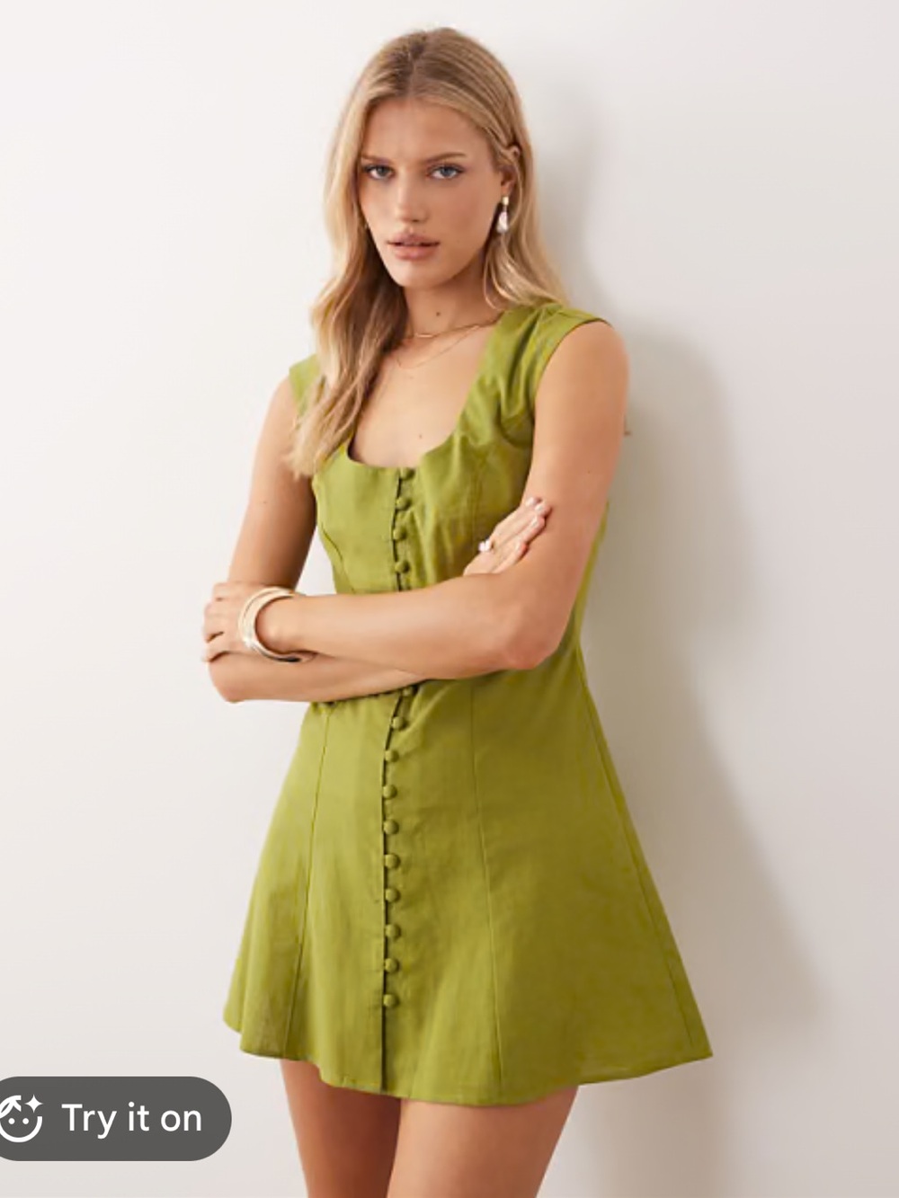 ASOS Olive-Green Square Neck Button-Front Mini Dress 10 medium